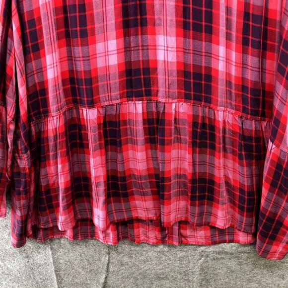 A.N.A. Boho Top Womens XXL Pink Plaid Rayon Wide Sleeve Tiered Peplum Button - Picture 4 of 9